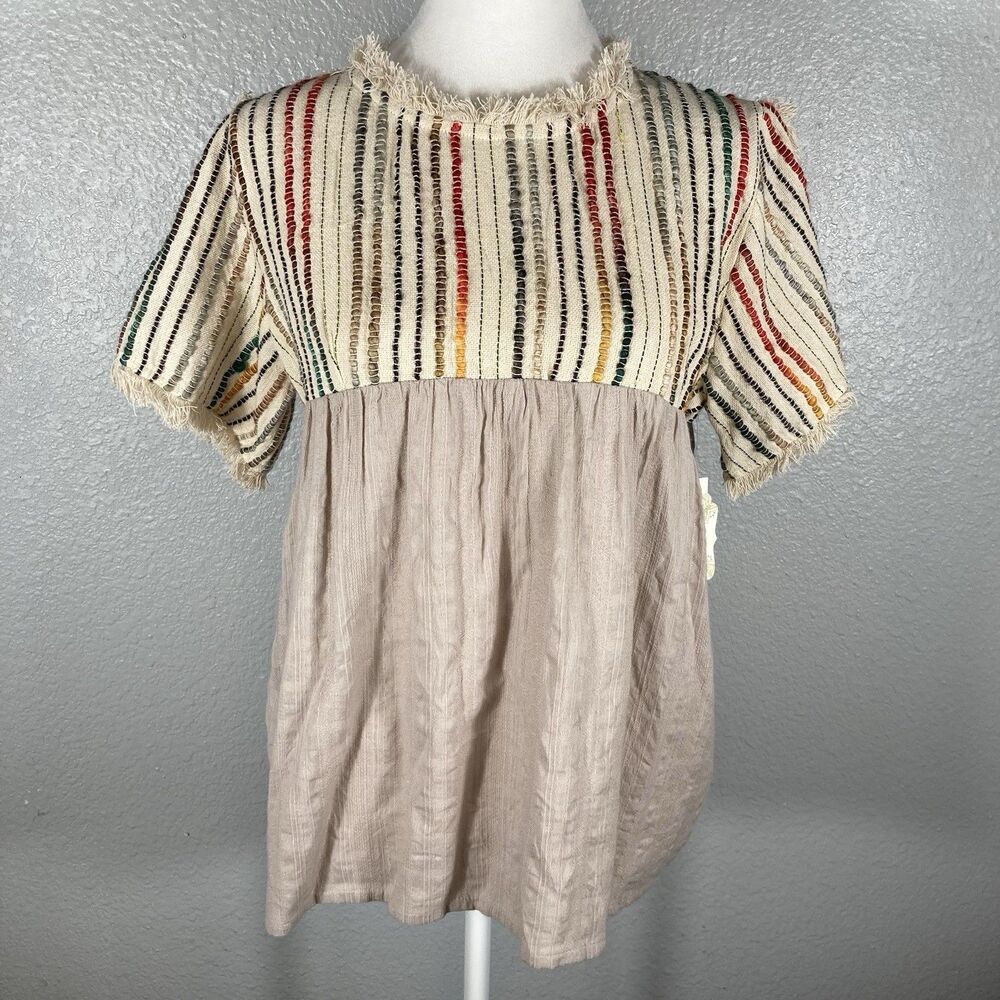 Altar'd State Babydoll Top M Shirt Yarn Fringe Beige Rainbow Boho Peasant NEW